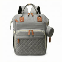 Faux Leather Trim Woven Diaper Backpack Quilted Panel Rectangular Diaper Backpack Top Carry Handle Carryall Multiple Compartments