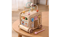 Wooden Activity Bus Multifunctional Activity Cube with Bead Maze Developmental Shape Sorter with Beads for Infants, Preschoolers