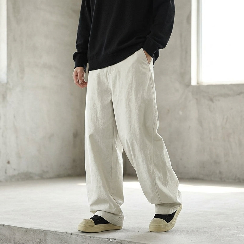Men's Wide Leg Trousers with Drawstring Elastic Waist for Casual Everyday Wear, Baggy Straight Pants in Polyester Blend Material