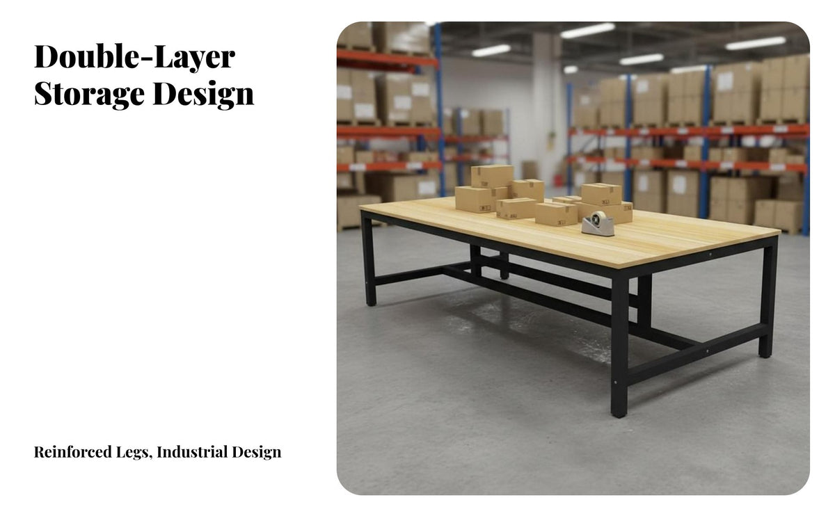 Long-Lasting Two Tier Packing Table Stable Construction Heavy Duty Workbench Multipurpose Heavy-Duty Work Table Large Storage Capacity for Factory Workers, DIY Enthusiasts, Assembly Line, Warehouse, Kitchen, Basement