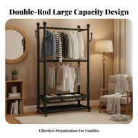 Stable Structure Double Rod Clothing Rack Double Rod Clothes Stand Heavy Duty Clothes Hanging Rack for Families, Retailers, Cloakroom, Laundry Room, Entryway, Walk-in Closet