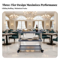 Easy to Move 3-Tier Service Cart Brake Wheels Food Service Trolley Large Capacity 3 Shelf Rolling Trolley Silent Casters for Warehouse Workers, Professionals, Dining Area, Cafeteria, Hospital, Office