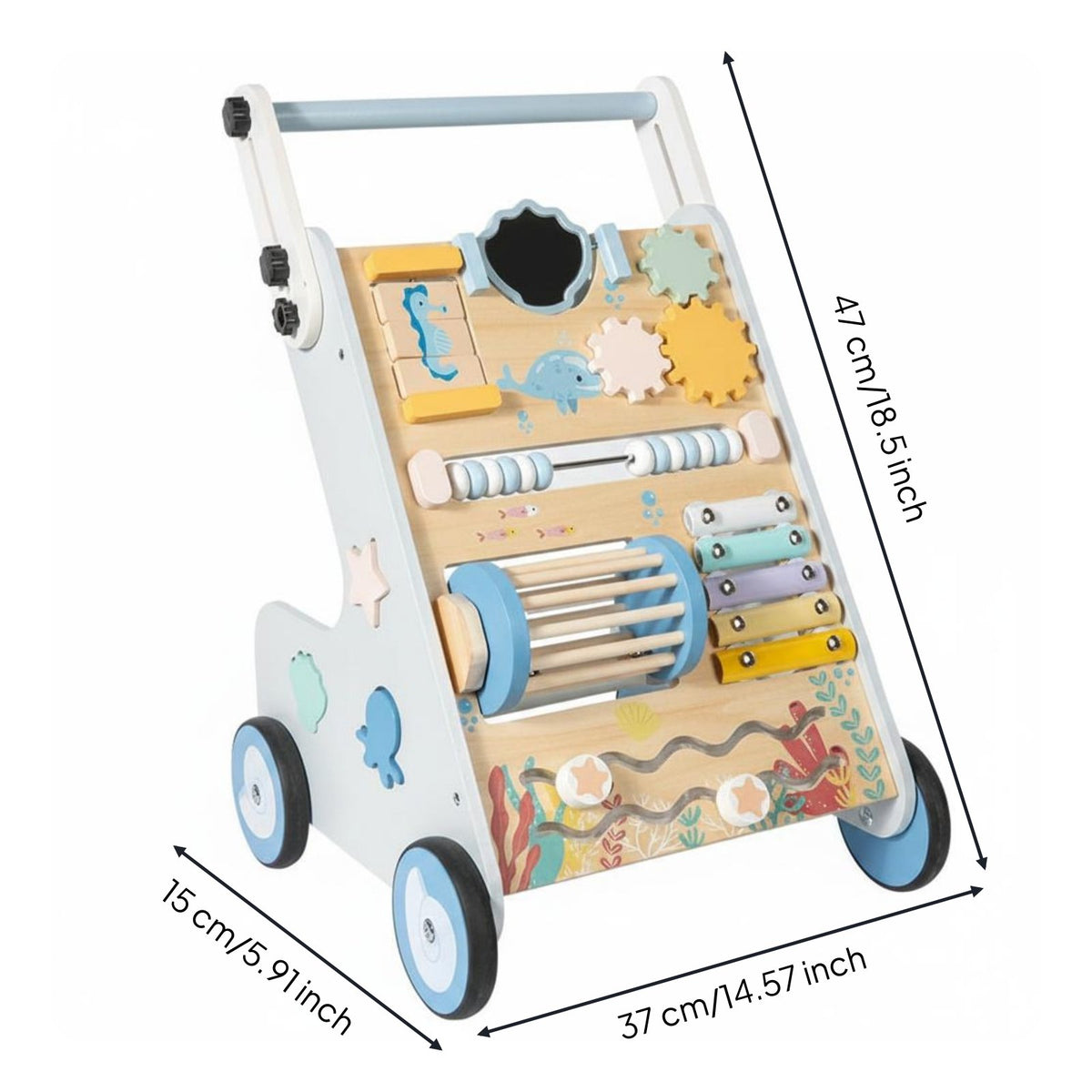 Multi-Activity Shopping Trolley Stroller Bead Maze Wooden Baby Stroller Xylophone for Toddlers, Babies, Playroom