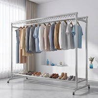 Double Rod Clothesline Rack Stainless Steel Clothesline Rack with Wheels Height Adjustable for Laundry Room, Balcony, Patio