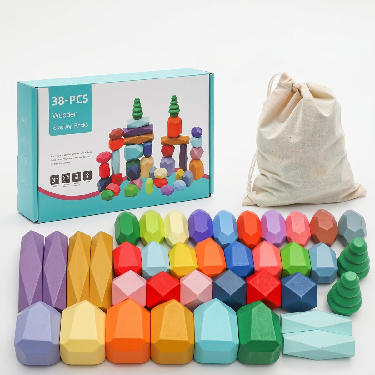 38 Pieces Wooden Stacking Rocks Geometric Stacking Blocks with Storage Box Wooden Stones Faceted Stone Blocks Smooth