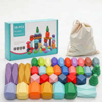 38 Pieces Wooden Stacking Rocks Geometric Stacking Blocks with Storage Box Wooden Stones Faceted Stone Blocks Smooth