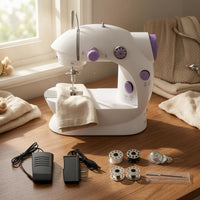 Compact Desktop Sewing Machine Foot Pedal Electric Sewing Machine White and Lavender Adjustable Dials