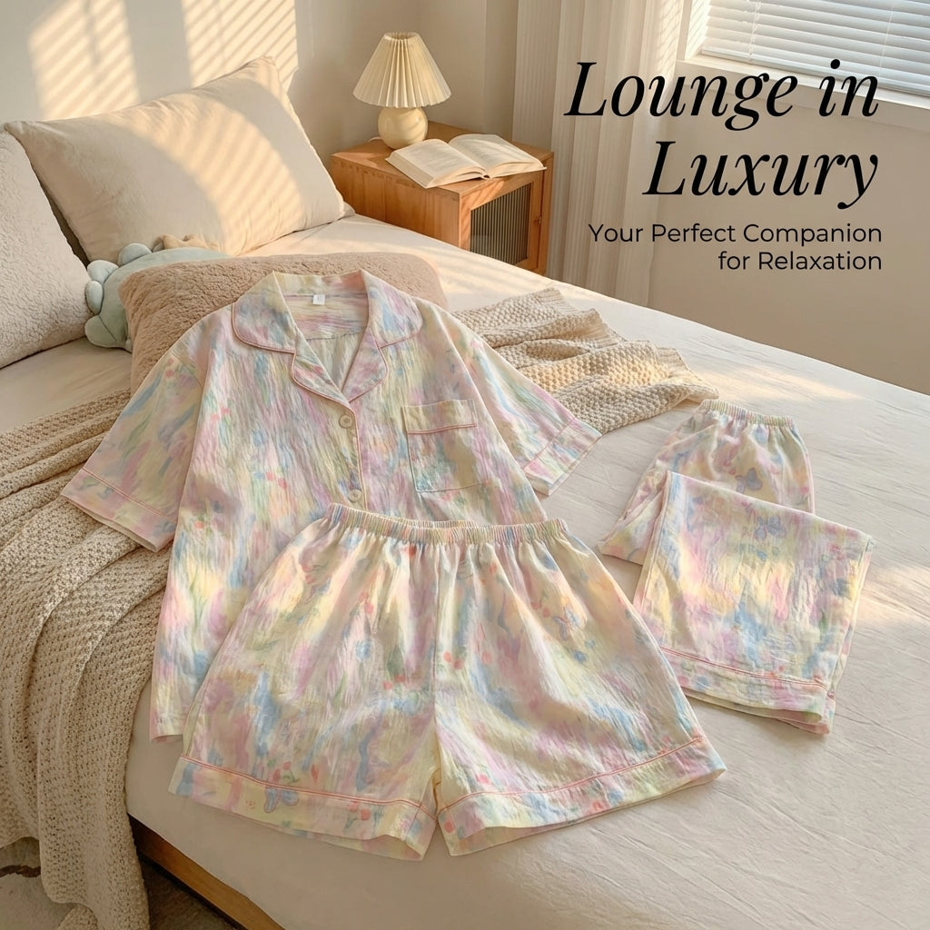 Ladies Pajamas for Sleeping and Loungewear Set for Women, Soft Cloud Short Sleeve 3-Piece Nightwear with and Pants