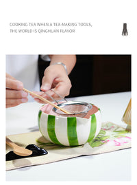 Ceramic Painted Striped Matcha Tea Set with Whisk Accessory