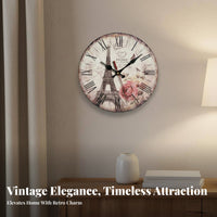 European Theme Wall Clock Non-Ticking Vintage Wooden Wall Clock Home Decor for Living Room, Bedroom, Kitchen
