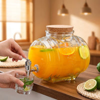 Glass Water Dispenser with Tap, Patterned Beverage Dispenser for Home Bar, Round Juice Dispenser, Chinese Style Iced Tea Glass Dispenser Cork Lid