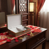 Meaningful Keepsake Chinese Wedding Jewelry Box Gold Foil Stamping Dragon Phoenix Jewelry Case Multi-Compartment Dragon Phoenix Pattern Box Soft Velvet Lining for Brides, Newlyweds, Engagement, Betrothal Ceremony