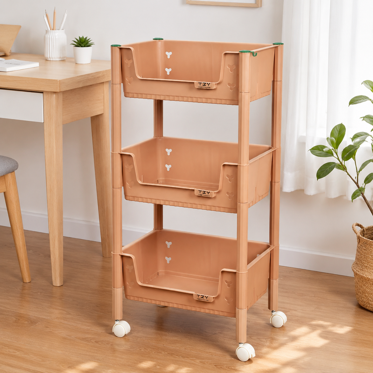 Khaki Rolling Storage Cart Utility Trolley with Wheels for Kitchen Bathroom