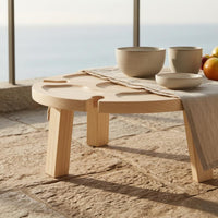 Solid Wood Folding Wooden Tray Table Cup Slots Round Snack Table Space Saving for Picnic, Camping, Casual Settings