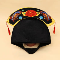 Embroidered Floral Bird Hat Velvety Ceremonial Hat Tasseled Black Headpiece
