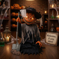 Pumpkin Scarecrow Electric Scarecrow with Light-up Halloween Prop for Yard, Porch