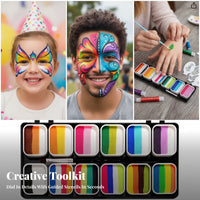 Face Paint Kit with Brushes and Stencils | 12 Bright Colors, complete, Face and Body Paint Set with Stencils, for Parties