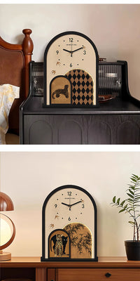 Vintage Art Tabletop Clock with Wooden Dial for Living Room or Hallway