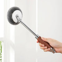 Replaceable Head Kitchen Pot Brush Wooden-Grain Handle Wire Scouring Brush Heavy Duty Stainless Steel Scrubber Grease Removal