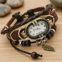 Handmade Leather Bracelet Watch Adjustable Band Oval Dial Bracelet Watch Gold-Tone Frame