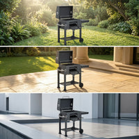 Briquette Grill with Warming Rack Adjustable Height Briquette Grill with Wheels Enamel-Treated Barbecue with Warming Rack for Backyard Cooks