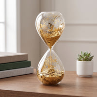 Shimmering Hourglass with Gold Glitter Elegant Decorative Hourglass Clear Tabletop Accent Aesthetic for Home Decorators, Minimalists, Living Room, Office, Study, Bedroom