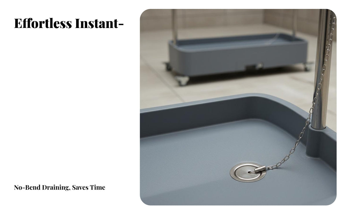 Stainless Steel Frame Mobile Mop and Broom Holder Water Collection Tray Mobile Broom and Mop Holder Single-Key Drainage Rolling Cleaning Tool Organizer Heavy Duty for Janitors, Commercial, Hospital, School, Garage