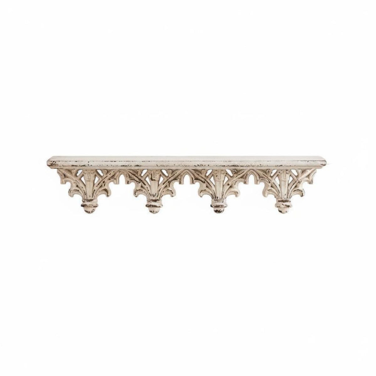 Carved Display Shelf Distressed White Finish French Decorative Wall Shelf Wood Construction for Photo Backdrop