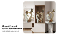 Textured Feathers Intertwined Peacock Statue Ornate Double Peacock Figurine Floral Base for Living Room Cabinet, TV Stand