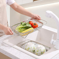 Extendable Dish Rack and Kitchen Sink Drainer, Stainless Steel Fruit Drain Basket and Vegetable Colander, Over Sink Space Saving Modern Style