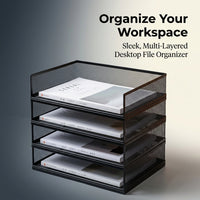 4-Tier Metal Mesh File Organizer, Desktop Document Holder for Office Workers, A4 Horizontal Black Storage Rack for Workstation