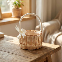 Easter Egg and Gift Basket for Kids, Wicker Rattan with Handle and Ribbon, Hand Woven Storage Baskets with Liner, Handmade Hamper for Girls