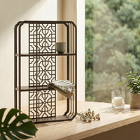 Wood Display Shelf with Carved Lattice Compact Three-Tier Shelf Small Space Wooden Bookshelf for Living Room