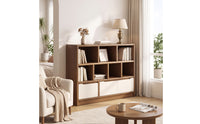 Low Bookshelf with Cubbies Wood Grain Bookcase with Doors Floor-Standing Low Bookcase for Bedroom, Reading Corner