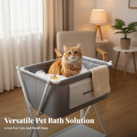 Ergonomic Height Pet Bath Tub with Stand Built-in Drainage System Collapsible Pet Tub Extendable Drain Hose Foldable Dog Bath Integrated Storage Shelf for Cats, Small Dogs, Outdoor