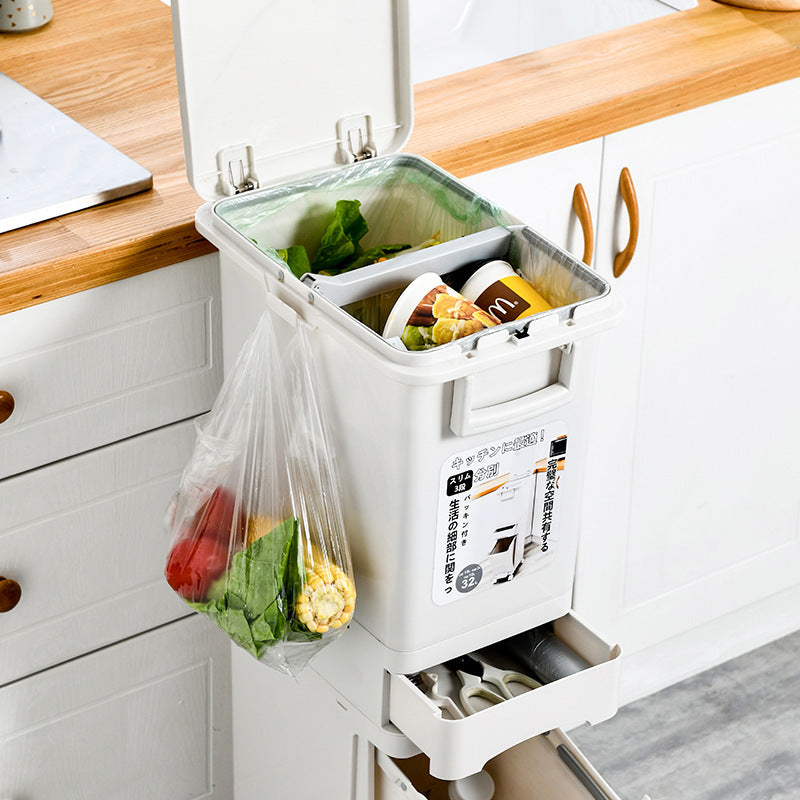Japanese-style Kitchen Trash Can with Lid, Dual-layer Wet/Dry Separation, Large Capacity, Press-open, 12L+