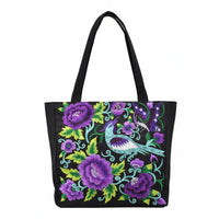 Large Capacity Embroidered Tote Bag Vibrant Colors Ethnic Design Handbag Lightweight Peony Bird Embroidery Bag Zipper Closure for Shopping, Casual Outings, Beach