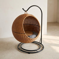 Hanging Cat Bed with Rocking Stand, Imitation Rattan Basket Cat Hammock, Modern Indoor Nest for Pets, Washable Cat Bed Cushion, Single Level