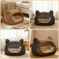 Handwoven Woven Cat Cave Enclosed Cat Bed with Toy Padded Pet Bed with Cushion Cotton Rope for Apartment
