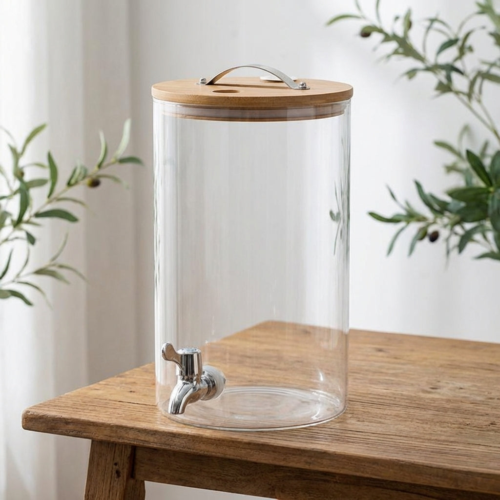 Water Dispenser and Drink Dispenser Glass Pitcher with Bamboo Base, Juice Dispenser for Iced Tea, Modern Minimalist Home Beverage Container