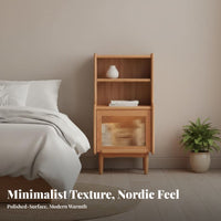 Solid Wood Legs Rattan Front Nightstand Woven Panel Rattan Door End Table Minimalist Design Bedside Cabinet Multi-Level Storage for Homeowners, Renters, Students, Bedroom, Home Office, Entryway