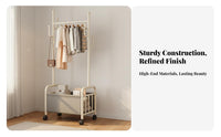 Lockable Casters Rolling Clothes Rack Easy Mobility Rolling Clothes Rack with Storage Space-Saving Mobile Coat Stand with Basket Multi-Functional for Apartment Dwellers, Homeowners, Students, Bedroom, Small Areas, Entryway, Dorm Room