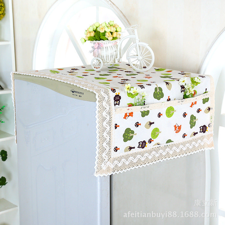 Cotton Linen Refrigerator Dust Cover with Storage Pockets