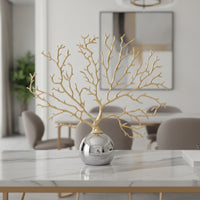 Coral Branch Sculpture with Spherical Base Reflective Metal Coral Statue with Mirror Sphere Abstract Decor for Entryway, Display Cabinet