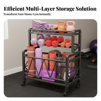 With Wheels Exercise Mat and Ball Storage Rack Space Saving Design Home Gym Storage Cart Lockable Casters Rolling Sports Gear Rack Easy Assembly for Basement