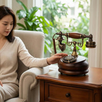 Rotary Dial Telephone Wood-Look Antique Style Telephone Antique Style Phone Decorative Nostalgic for Decorators, Desk, Study