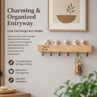 Black Wood Key Holder, 6 Hook Key Hanger Wall Mount, Adhesive Hook for Keys Wallets, 20-30 kg Capacity, Metal