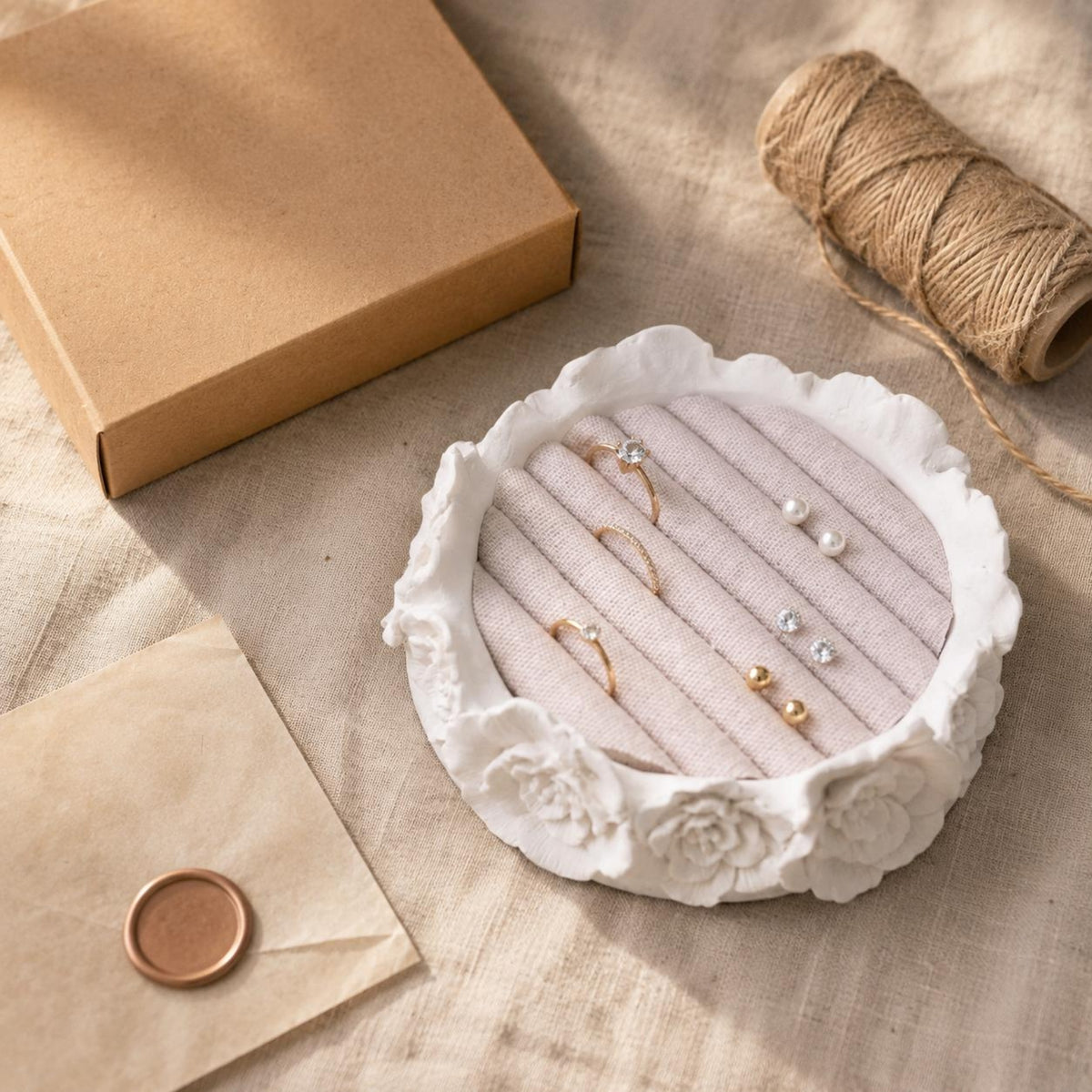 Floral Relief Round Jewelry Tray Carved Resin Decorative Jewelry Dish Textile-Covered Band Tray Raised Ridges