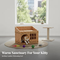 All-Season Use Wicker Cat House Handwoven Enclosed Cat Bed Includes Cushion and Mat Rattan Pet Kennel Breathable for Cats, Kittens, Small Pets, Indoors, Indoor, Living Room, Bedroom