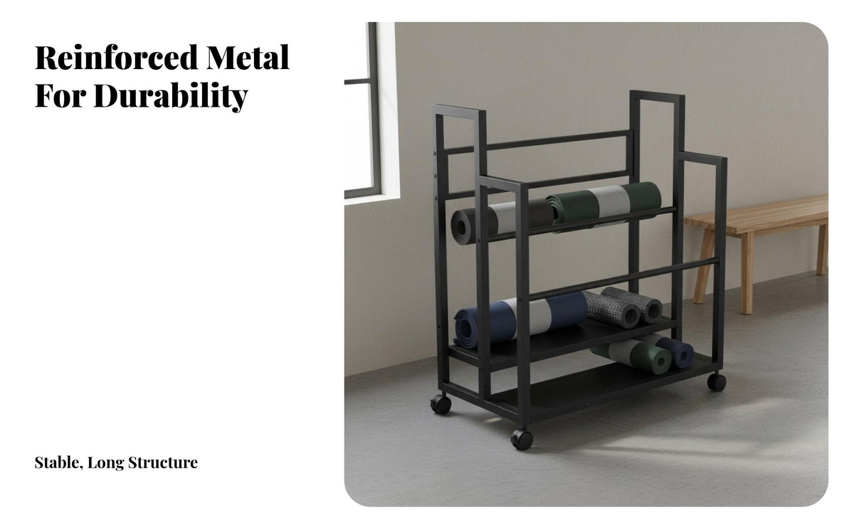 With Wheels Exercise Mat Storage Rack Space Saving Multi-Tier Exercise Equipment Cart Large Capacity Rolling Exercise Mat Cart Heavy-Duty for Home Gym Users